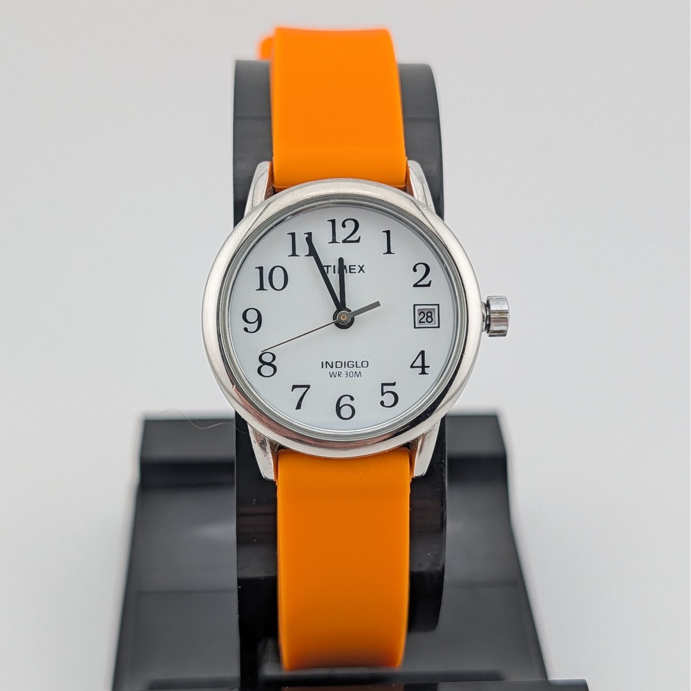 Timex Indiglo White Dial Orange Silicone Strap Watch Date WR30M